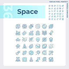 Poster - Space pixel perfect light blue icons. Solar system. Astronomy science. Celestial bodies. Zero gravity. RGB color. Website icons set. Simple design element. Contour drawing. Line illustration