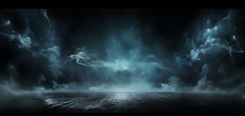 Wall Mural - Abstract image of dark room concrete floor. Black room or stage background for product placement.Panoramic view of the abstract fog. White cloudiness, mist or smog moves on black background.