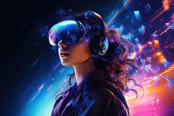 Canvas Print - beautiful Woman in futuristic, exploring AR cyberspace