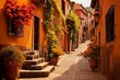 A quaint village street in Spain or Italy, with warm terracotta hues and narrow pathways. Generative AI