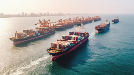  container ships sail across the ocean in this aerial photograph, carrying goods and cargo to ports around the world