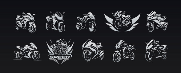 Aufkleber - Dynamic motorcycle icons set: Energetic strokes, brushwork style. Modern logo designs for racing enthusiasts. Versatile, simple silhouettes for an energetic identity. Vector illustration.