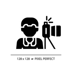 Sticker - 2D pixel perfect glyph style photojournalist icon, isolated vector, thin line illustration representing journalism.