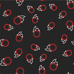 Canvas Print - Line Circus fire hoop icon isolated seamless pattern on black background. Ring of fire flame. Round fiery frame. Vector