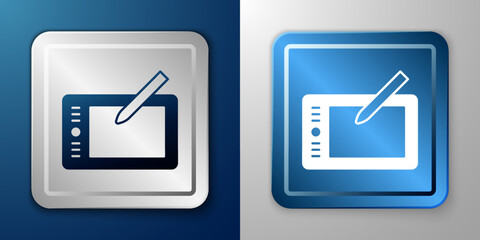 Sticker - White Graphic tablet icon isolated on blue and grey background. Silver and blue square button. Vector