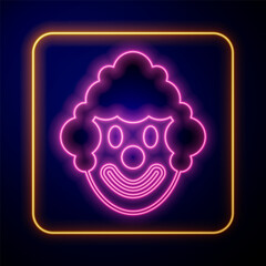 Poster - Glowing neon Clown head icon isolated on black background. Vector