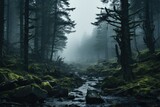 Fototapeta  - Landscape, A dramatic mist-covered forest 