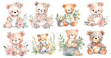 Fototapeta Pokój dzieciecy - Set of cute Teddy Bears with flowers on transparent background, watercolor png, generated ai