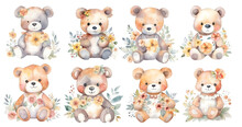 Set Of Cute Teddy Bears With Flowers On Transparent Background, Watercolor Png, Generated Ai