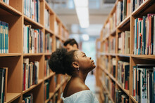 Side View Of Student Searching Books On Bookshelf In Library At University