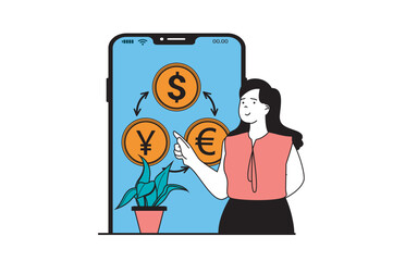 Poster - Mobile banking concept with people scene in flat web design. Woman making money transfer, exchange with euro, dollars, other currency. Vector illustration for social media banner, marketing material.