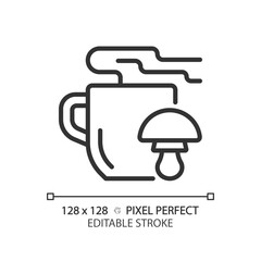 Poster - 2D pixel perfect editable black mushroom tea icon, isolated vector, thin line illustration representing allergen free.