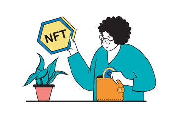 Aufkleber - NFT token concept with people scene in flat web design. Woman buying digital artworks, investing crypto money from electronic wallet. Vector illustration for social media banner, marketing material.