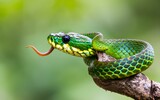 Fototapeta Zwierzęta - green snake with green background