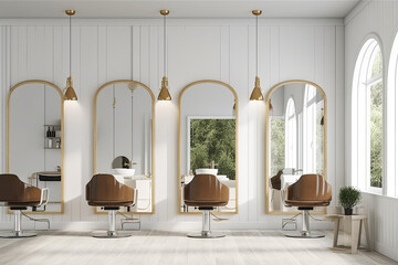 Luxurious salon with modern design and professional equipment, offering a comfortable and fashionable environment for beauty and relaxation.