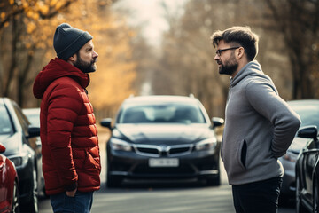 two men talking near cars, buying or selling cars, conflict on the road