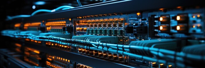 Server room with switch, internet cables and wires. Fiber optic equipment in data center. Network background, panorama.