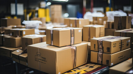 Cardboard boxes ready for distribution in a large warehouse