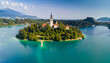 Aerial view of island Blejski otok in Bled, Slovenia