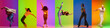 Collage. Young men and women dancing modern style dances, hip hop over multicolored background in neon light. Concept of art, choreography, creativity, hobby, movements. Banner, flyer, ad