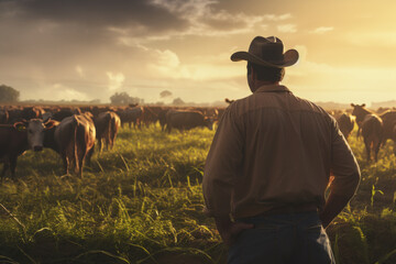 Wall Mural - Farmer and cows in a field