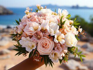 Wall Mural - Beautiful bouquet of flowers in woman's hand on white background