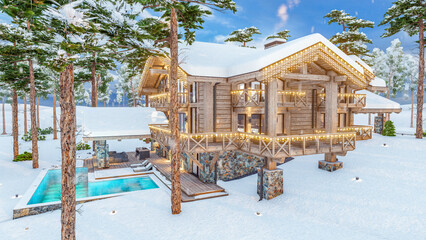 3d rendering of modern cozy chalet with pool and parking for sale or rent. Beautiful forest mountains on background. Massive timber beams columns. Christmas garlands in New Year holidays