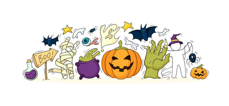 Wall Mural -  - Halloween banner with doodle pumpkin, ghosts, bats