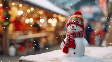 Charming Cute Cheery Snowman Wearing A Festive Red Hat And Scarf Enjoying The Snowy Christmas Market In The Holiday. Banner With Copy Space