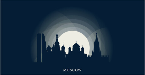 Sticker - Russia Moscow city cityscape skyline panorama vector flat modern banner art. Russian capital emblem idea with landmarks and building silhouettes at sunrise sunset night