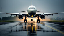 Commercial Airliner Or Jet Airplane, Taking Of During A Storm In The Rain. Concept Of Bad Weather Flying, Delays And Cancelled Flights. Shallow Field Of View With Copy Space.