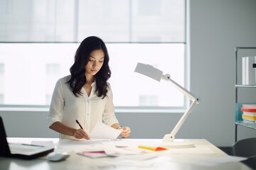 Wall Mural - businesswoman sitting at a desk and taking notes, modern office workspace