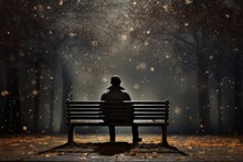A Man Sitting On Bench In The Park At Night Time