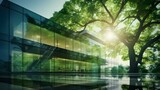 Fototapeta Natura - Eco-friendly building. Sustainable glass office building with tree for reducing carbon dioxide. Office with green environment.