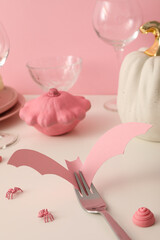 Wall Mural - Table setting for Halloween in white and pink tones