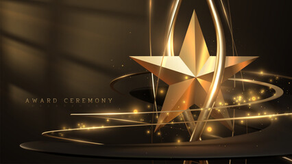 Wall Mural - 3d gold star with black ribbon elements and sunlight breaks through the back window with bokeh decor
