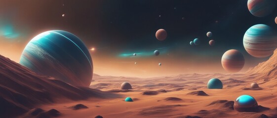 Wall Mural - abstract image of a large number of planets in outer space and on the surface of a space object, wal