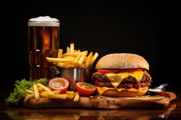 Wall Mural - Tasty cheeseburger with french fries and glass of drink on wooden board