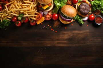 Wall Mural - Fast food on wooden background with copy spase. Top view of delicious cheeseburgers with french fries and fresh vegetables.