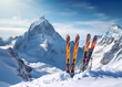 Ski im Schnee vor verschneiter Bergkulisse in den Alpen, erstellt mit generativer KI