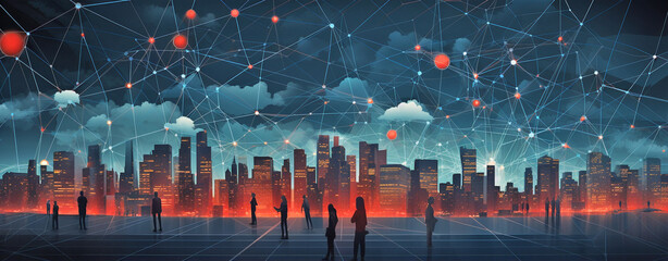 Wall Mural - futuristic background of a night city shrouded in global network network. illustration. Generative Ai