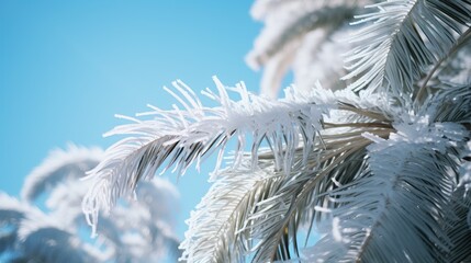 Green leaf tropical palm trees in snow against the blue sky. Christmas winter tale. Global climate change.