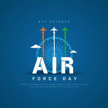 Fighter Planes Flying With Blue Background And Ashok Chakra Vector Illustration Of Indian Air Force Day, Observed On October 8.