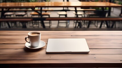 Wall Mural - Laptop blank screen and coffee cup on wooden table. Top view with copy space