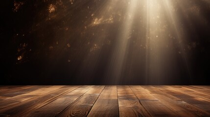 Dark wood floor with background with sunlight and forest