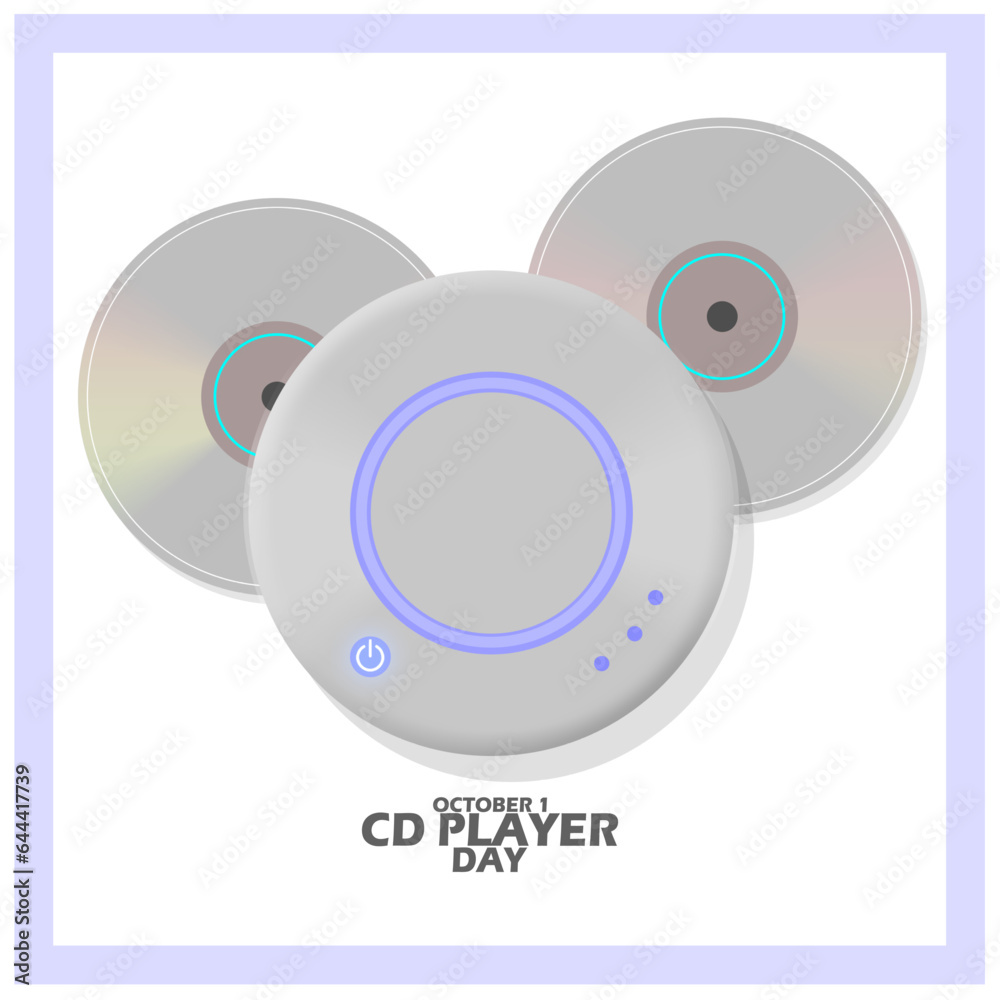 CD player with two discs, with bold text in frame on white background ...