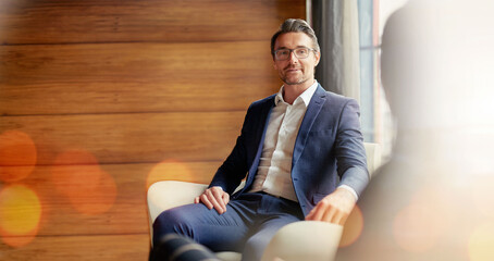 Poster - meeting, space and double exposure with a business man in the office for planning or strategy discus