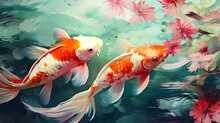 Hand Painted Watercolor Art With Japanese Koi Carp Or Pond Fish, Swimming Around In Water With Lily Pads.
