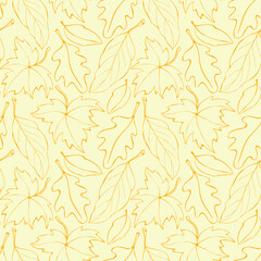 Wall Mural - Seamless pattern falling leaves. Vector autumn texture isolated, hand drawn in sketch style, orange outline. Concept of forest, leaf fall, nature.