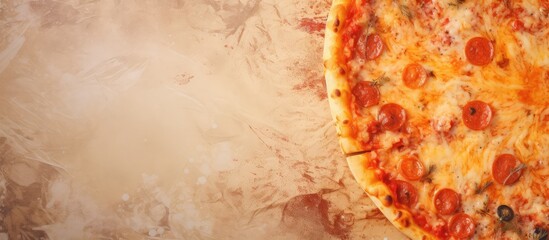 Aufkleber - Selective focus on close up Italian pizza with melted cheese sticking to it isolated pastel background Copy space